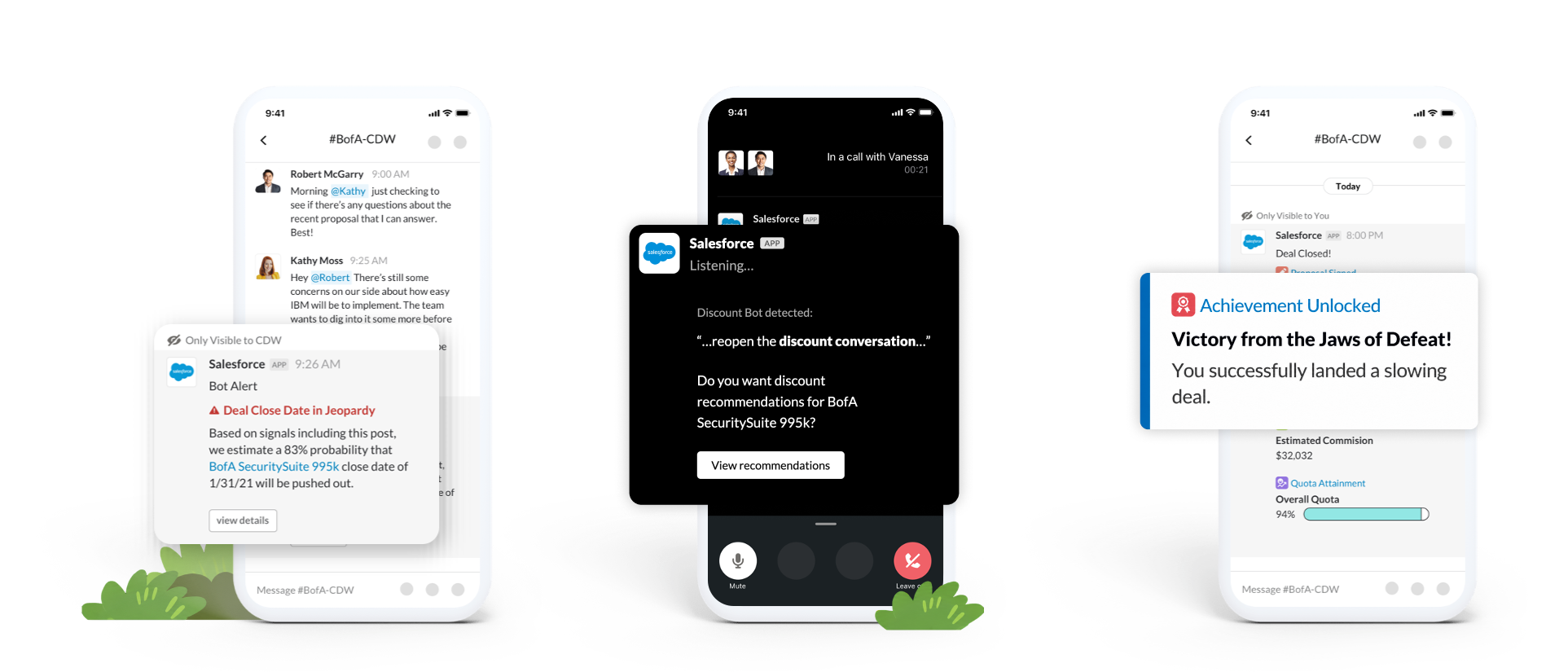 Concept screen: a Salesforce bot alert inside a shared Slack channel warns that a deal&rsquo;s close date is in jeopardy, listing the signals behind the prediction and three recommended actions.